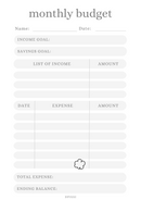 Minimalist Monthly Budget Planner | Income Goal, Savings Goals, List of Income, Total Expense, Ending balance