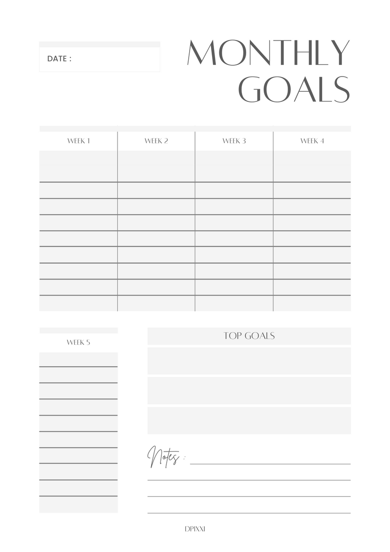 Neutral Feminine Minimalist Monthly Goals Planner | Top goals, Week 1 to Week 5