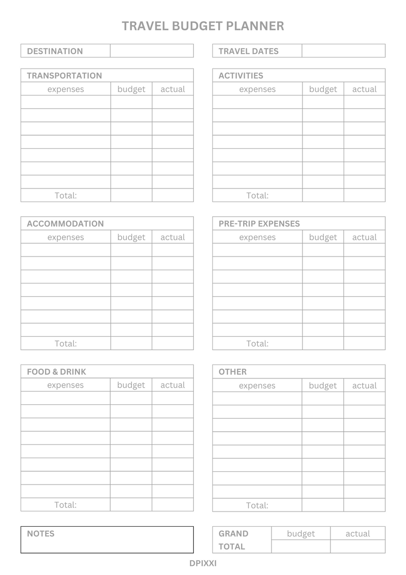 Minimalist Simple Travel Budget Planner | Transportation, Activities, Accomodation, Pre-trip Expenses, Food & Drinks, Other