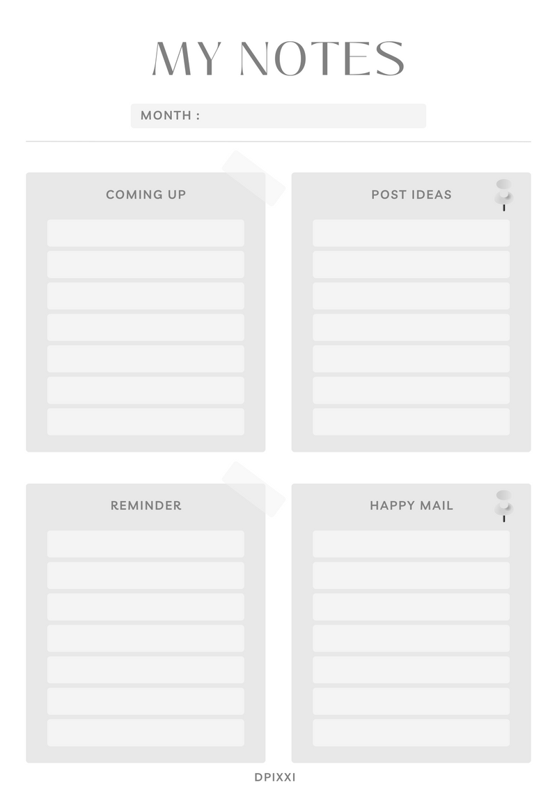 My Notes Paper Template | Comming Up, Post Ideas, Reminder, Happy Mail
