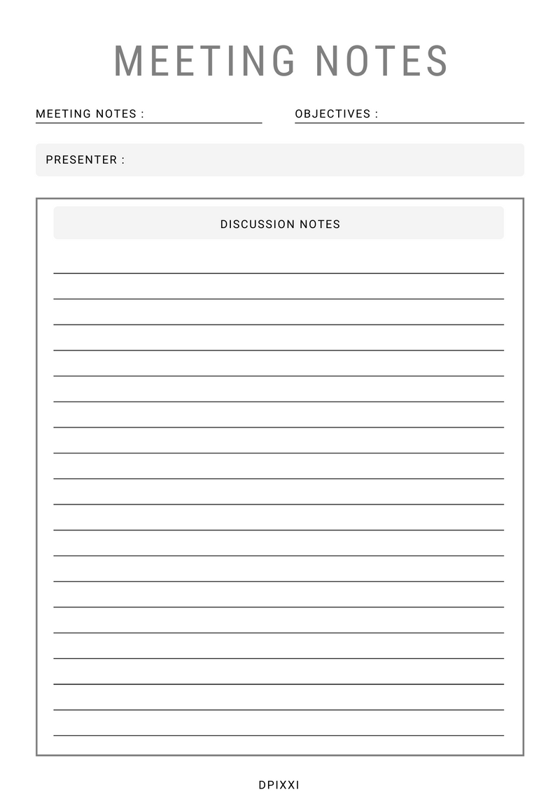 Minimal and Professional Meeting Notes | Objectives, Presenter, Discussion Notes