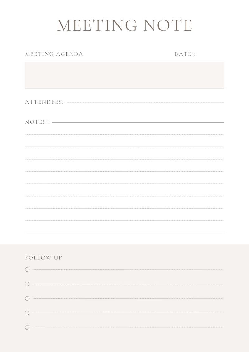 Simple Professional Meeting Notes Planner | Attendees, Follow Up