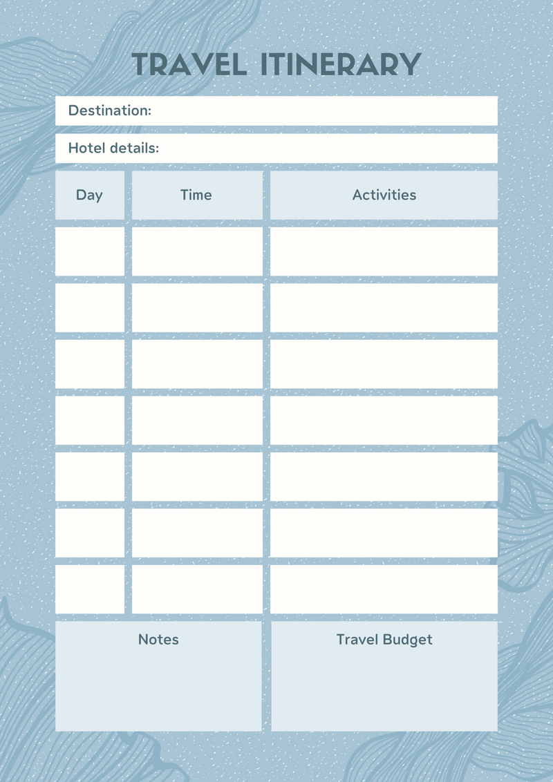 Texture Travel Itinerary Planner | Destination, Hotel Details, Activities, Travel Budget
