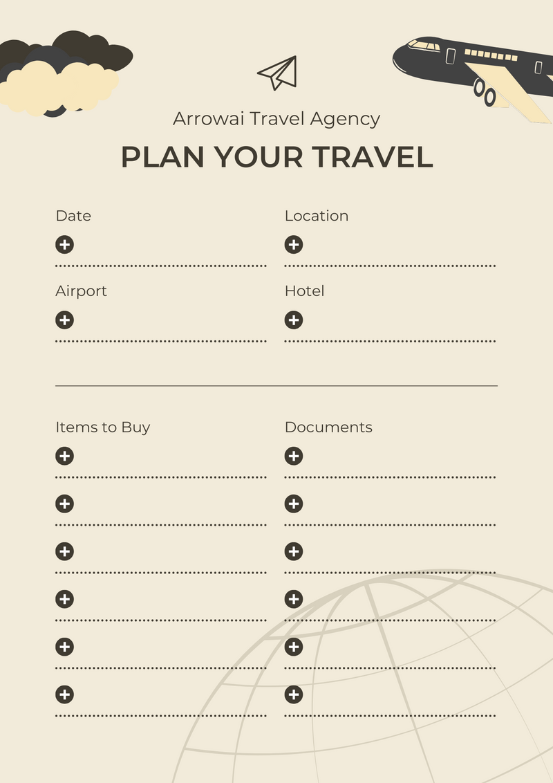 Travel Itinerary Planner | Location, Airport, Hotel, Items to Buy, Documents
