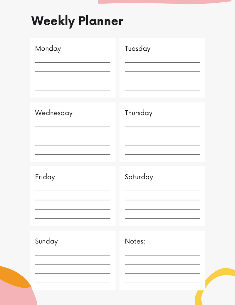 Weekly Schedule Planner Insert  Monday to Sunday, Notes