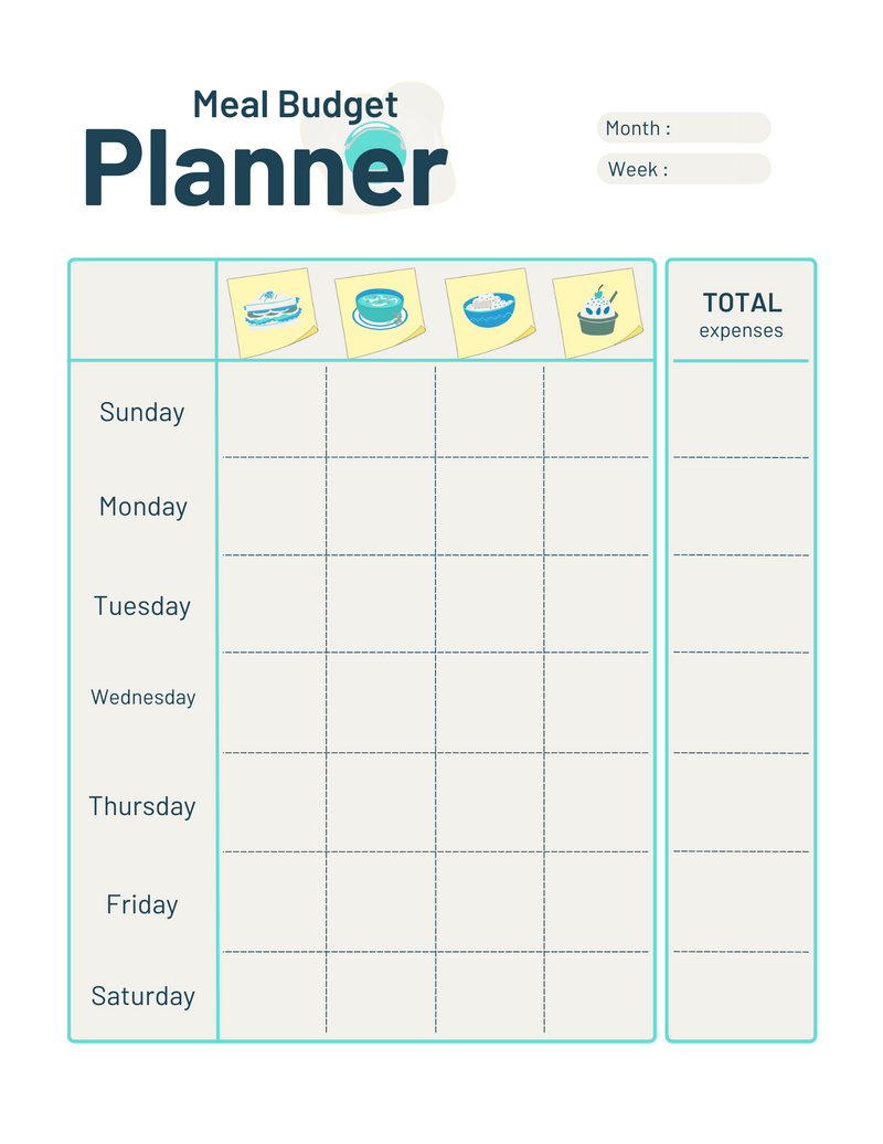 Warm Sunny Side Up Meal Budget Planner | Month, Week, Sunday To Saturday, Total Expenses