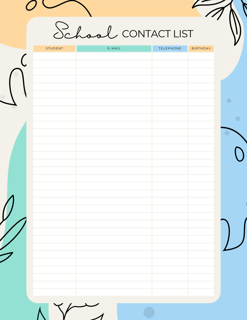 Yellow & Green Organic Leaves School Contact List Planner | Email, Telephone | PDF Digital Download