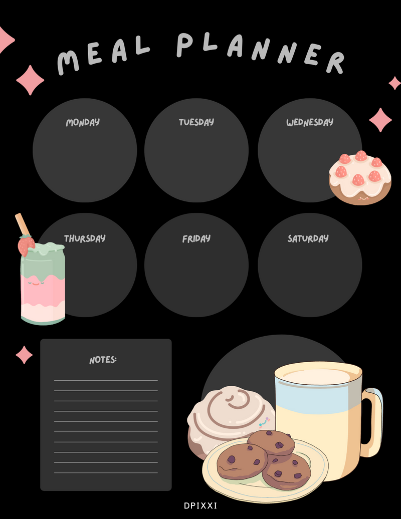 Simple Illustrated Meal Planner Menu | Monday To Sunday, Notes