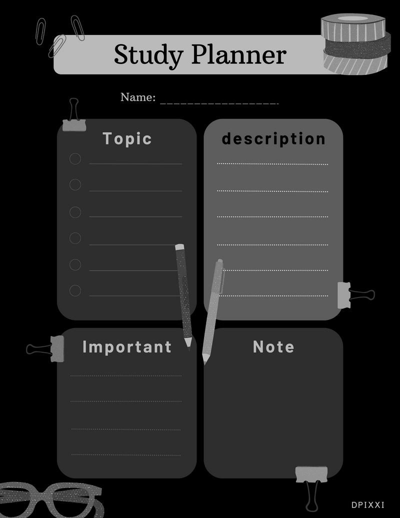 Illustrative Playful Study Planner | Name, Topic, Important, Note