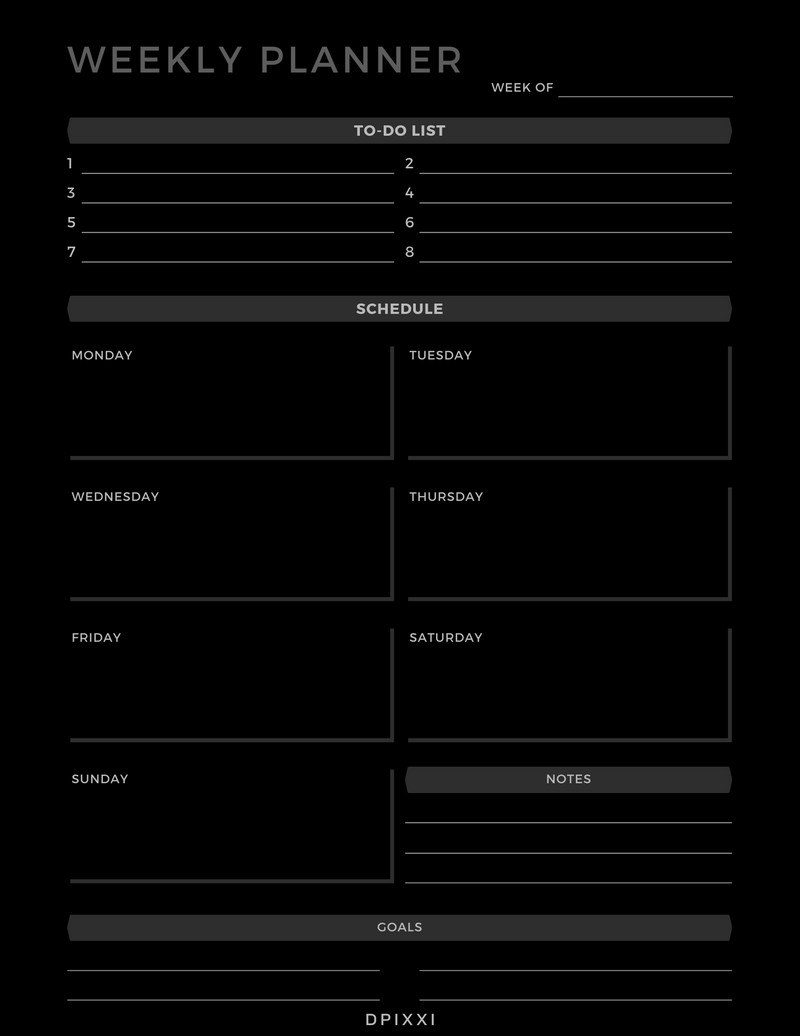 Black and Gray Minimalist Weekly Planner