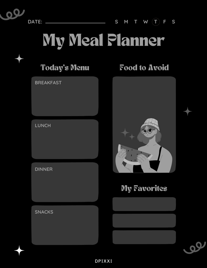 Playful Illustration Meal Planner | Today's Menu, Breakfast, Lunch, Dinner, Snacks, Food To Avoid, My Favorites