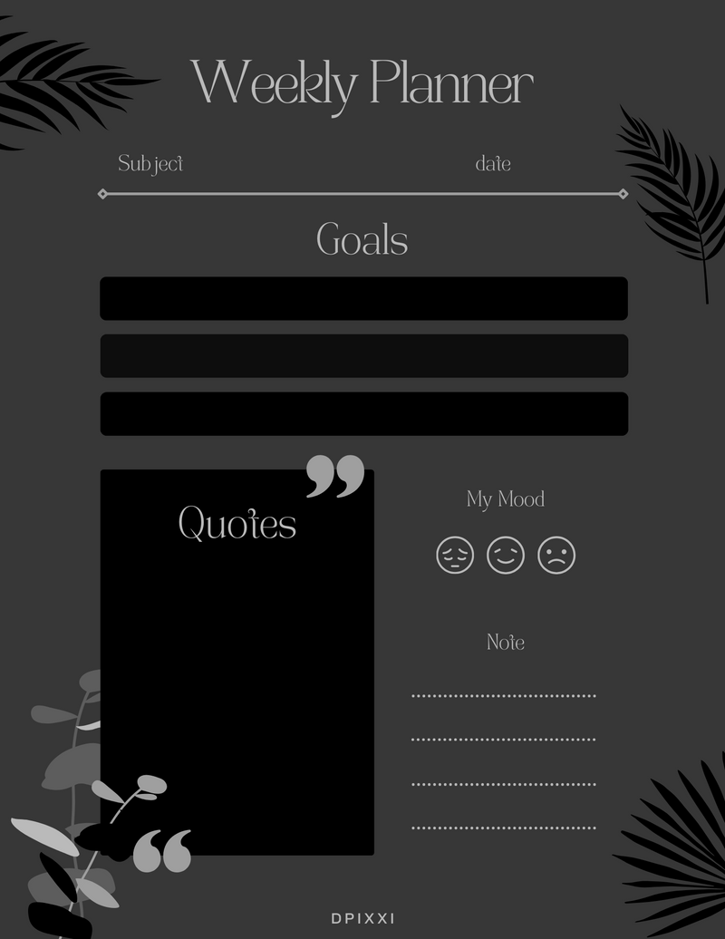 Leaves Weekly Printable Planner | Subject, Goals, Quotes, My Mood, Note