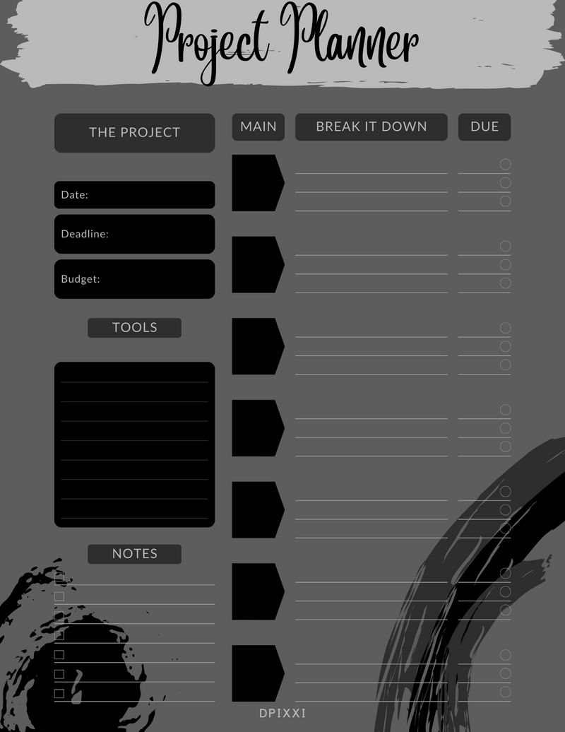 Modern and Elegant Project Planner Template | The Project, Date, Deadline, Budget, Tools, Notes, Main, Break it Down, Due