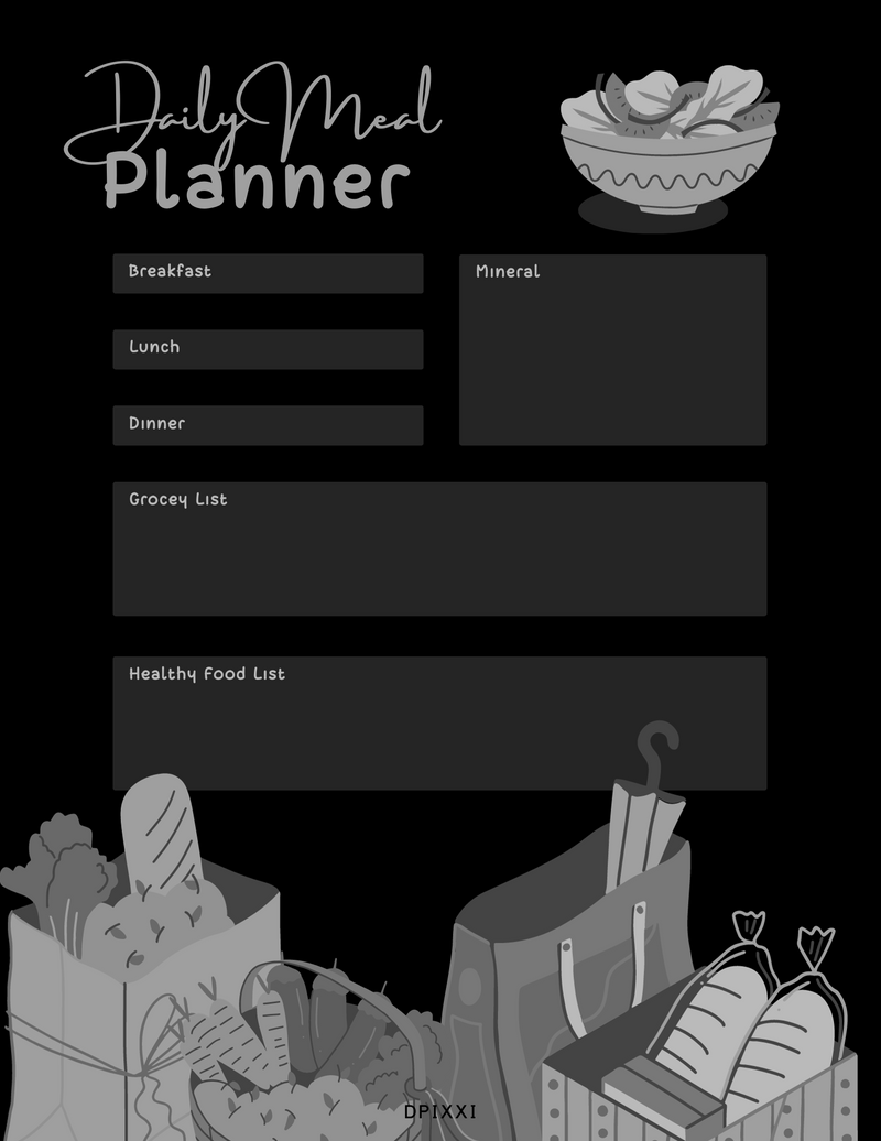 Colorful Illustrative Daily Meal Planner | Breakfast, Lunch, Dinner, Grocery List, Healthy Food List, Mineral