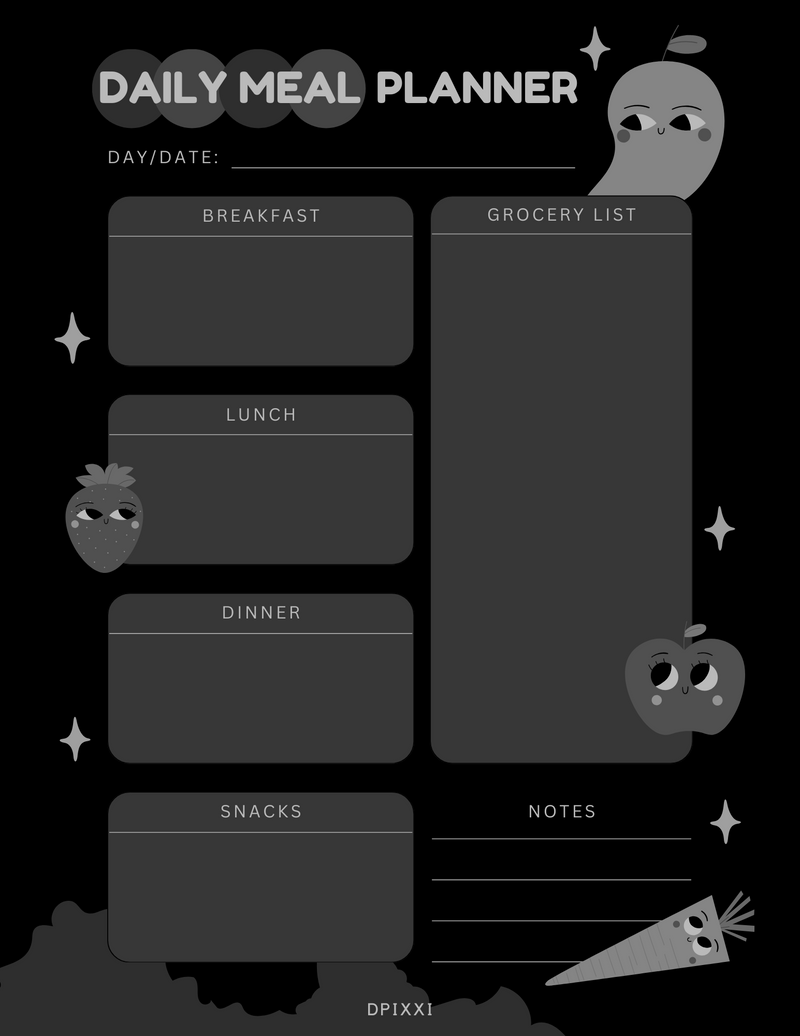 Cute Illustrative Daily Meal Planner | Breakfast, Lunch, Dinner, Snacks, Grocery List, Notes