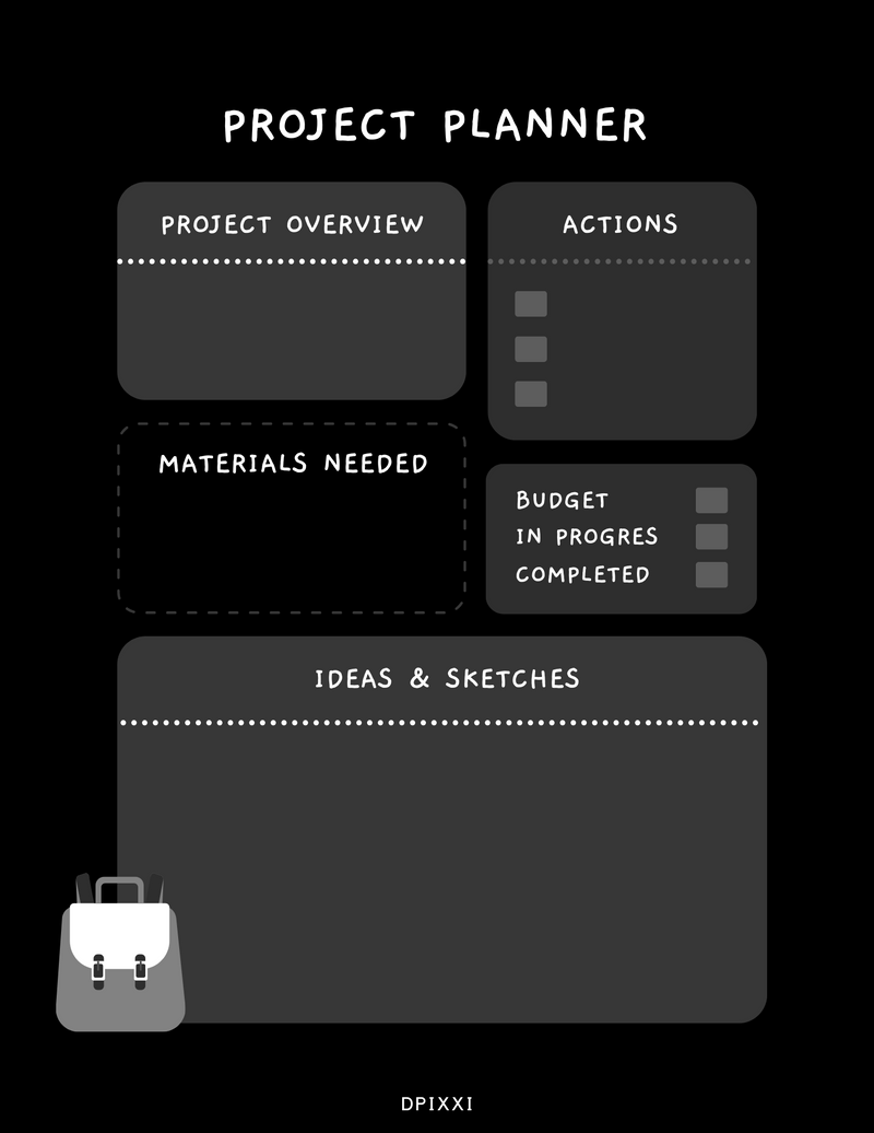Modern Illustration Project Planner | Project Overview, Actions, Materials Needed, Budget, In Progress, Completed, Ideas and Sketches