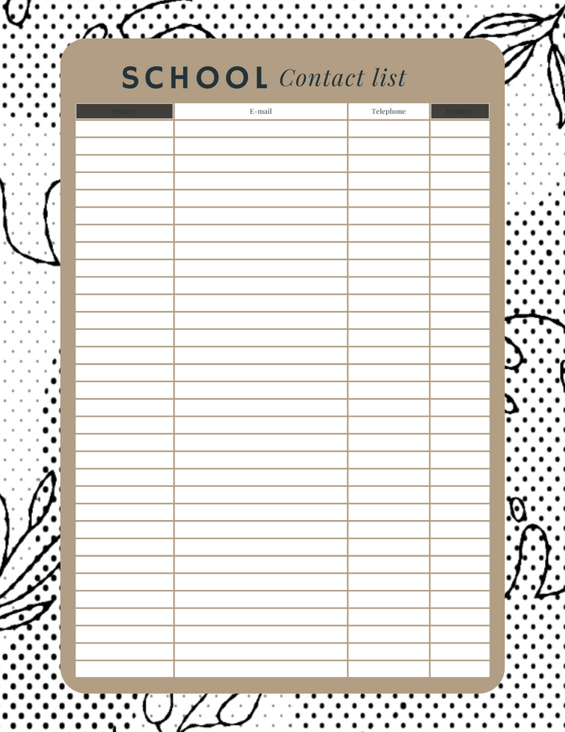 Yellow & Green Organic Leaves School Contact List Planner | Email, Telephone | PDF Digital Download