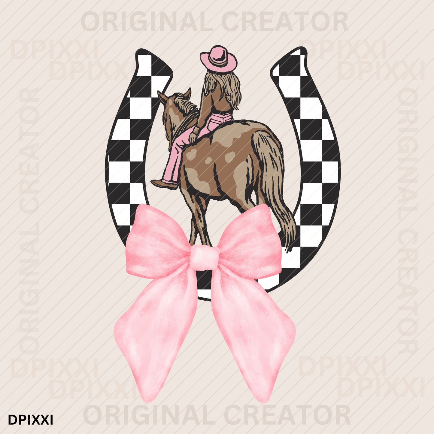 Cowgirl on Horse, Pink Bow, Horse Shoe Checker