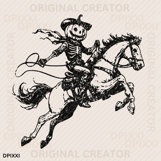 Cowboy Pumpkin Head Halloween Riding Horse