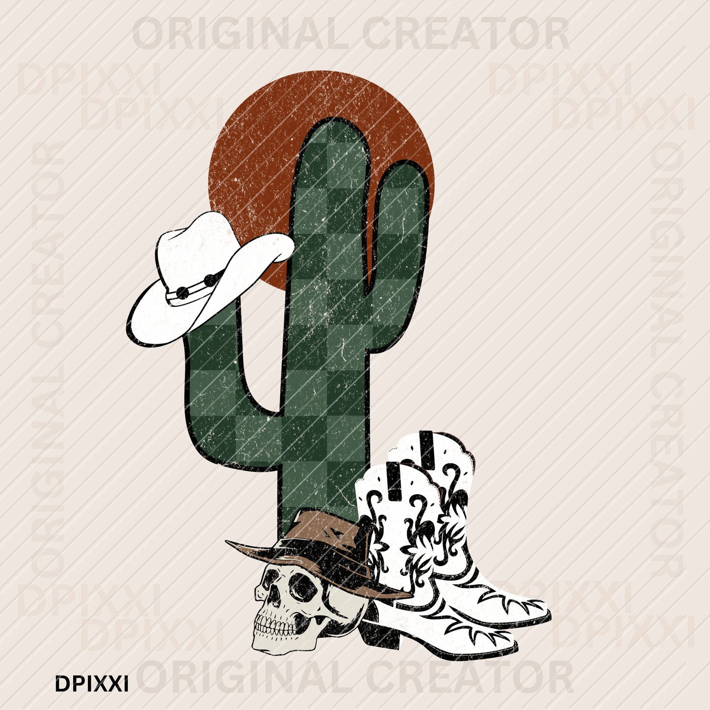 Sunset Desert Cactus, Skull, Boots, Cowboy Hat