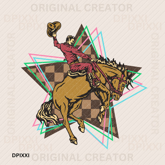 Trippy Checker Star Hat-Off Cowboy on Horse