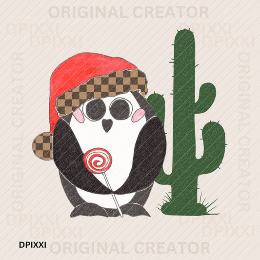 Penguin Wears Santa Hat and Lolipop Catus