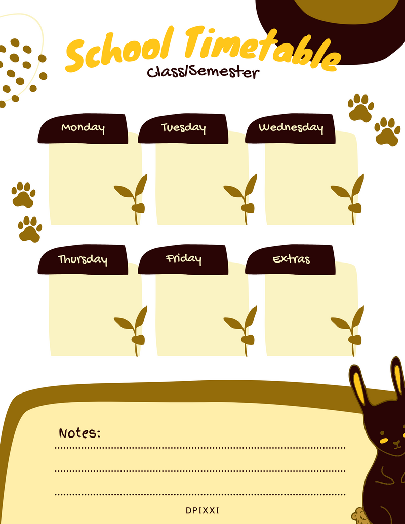Cute Organic School Timetable | Class/Semester,  Monday To Friday, Extras, Notes