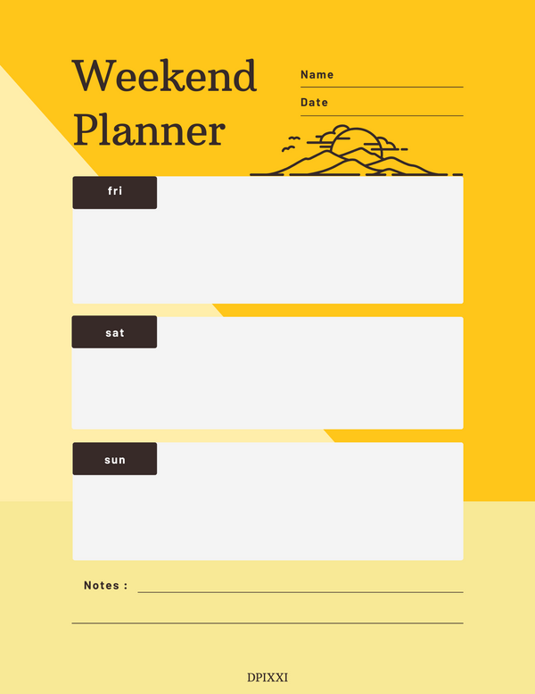 Colorful Simple Weekend Planner | Name, Date, Friday, Saturday, Sunday, Notes