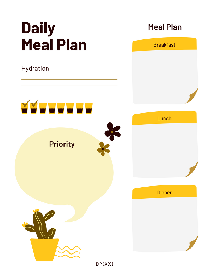 Cute Daily Meal Planner Dietary Planner | Hydration, Breakfast, Lunch, Dinner, Priority