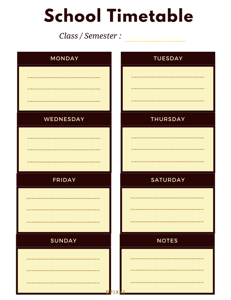 Minimalist School Timetable Planner | Class/Semester, Monday To Sunday, Notes