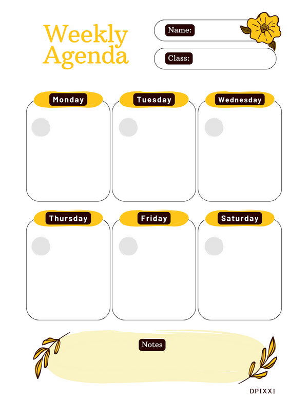 Creative Flower Illustration Weekly Planner | Name, Class, Monday To Saturday, Notes