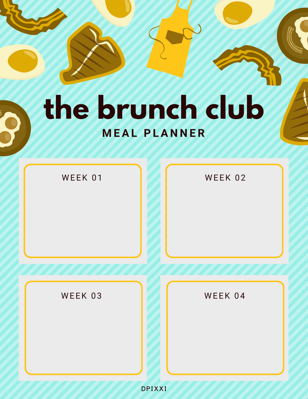 Teal Stripes Breakfast Icons Meal Planner | Week 01, Week 02, Week 03, Week 04