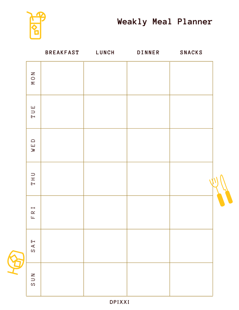 Weekly Meal Planner | Breakfast, Lunch, Dinner, Snacks, Sunday To Monday