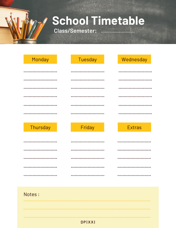 Brilliant Licorice Organic Minimalist School Timetable | Class/Semester, Monday To Friday, Extras, Notes