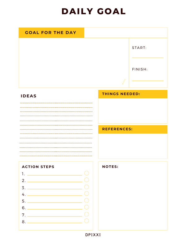 Simple Daily Planner Goal | Daily Goal, Goal For The Day, Start, Finish, Ideas, Things Needed,  References, Actions Steps, Notes