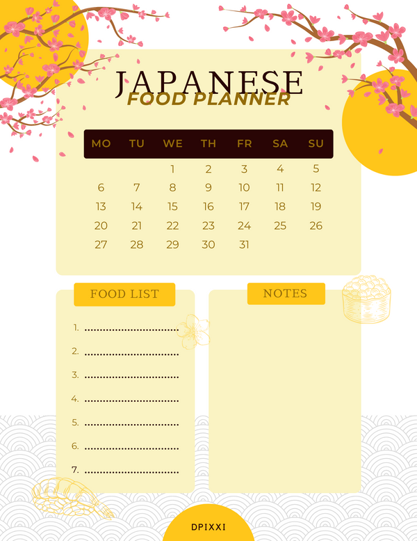 Japanese Food Planner | Monday To Sunday, Food List, Notes
