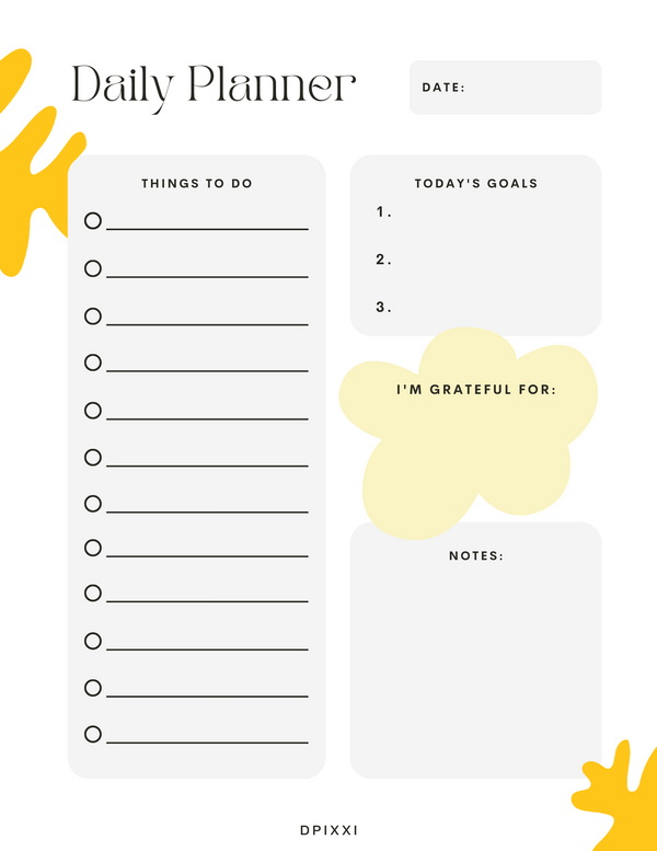 Pink Yellow Modern Daily Planner | Things to Do, Today's Goals, I am Grateful For, Notes