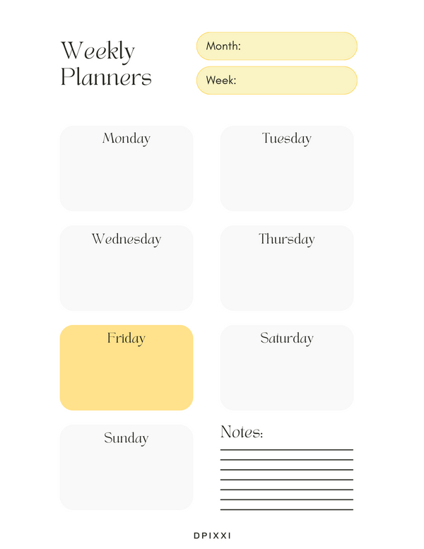 Weekly Planner | Month, Week, Monday to Sunday, Notes