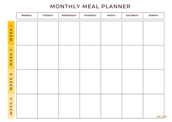 Monthly Meal Planner Sheet | Monday to Sunday, Week 1 to Week 4