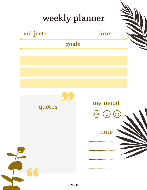 Abstract Illustration Weekly Planner | Subject, Date, Goals, Quotes, My Mood, Note