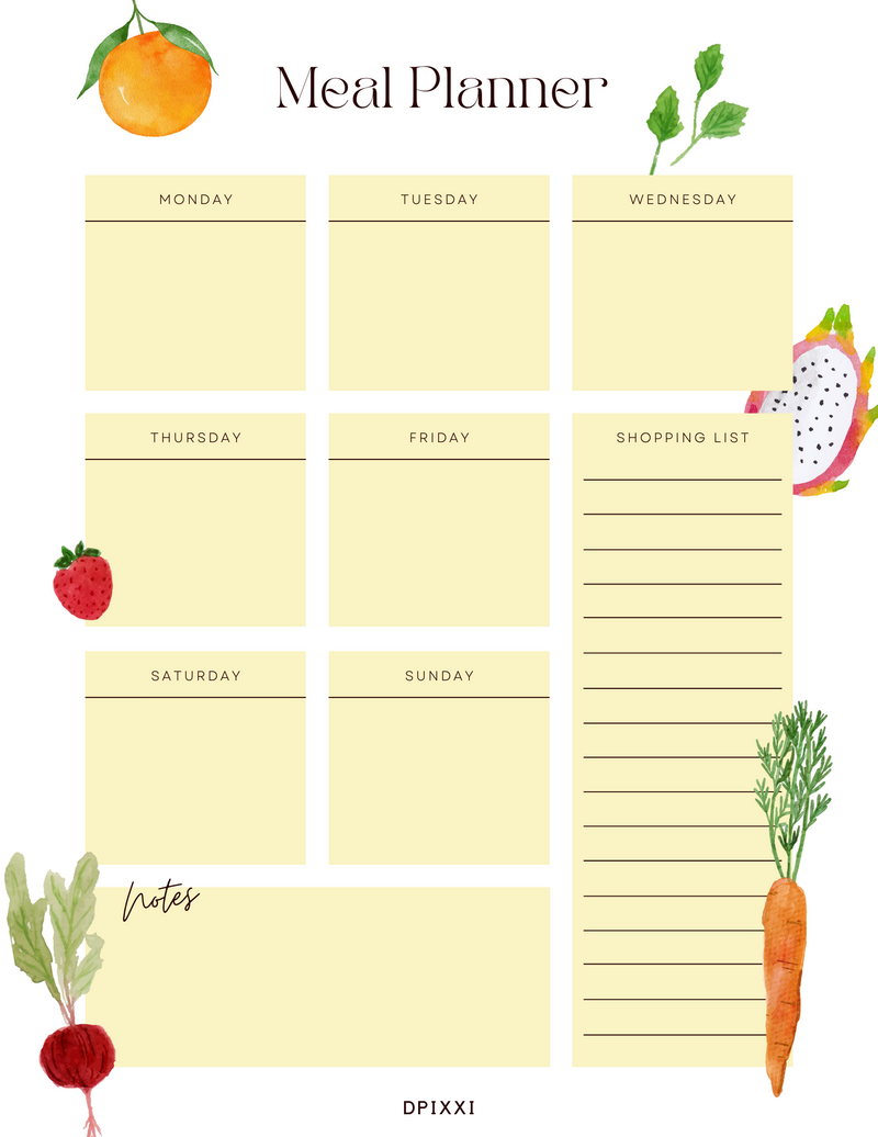 Colorful Fruits Weekly Meal Planner | Monday To Sunday, Shopping List