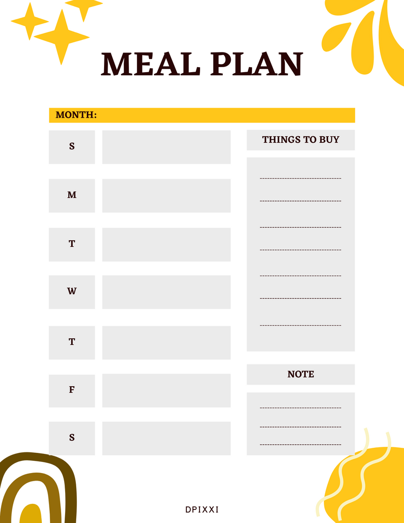 Aesthetic Daily Meal Planner | Monday to Sunday, Things to Buy, Note