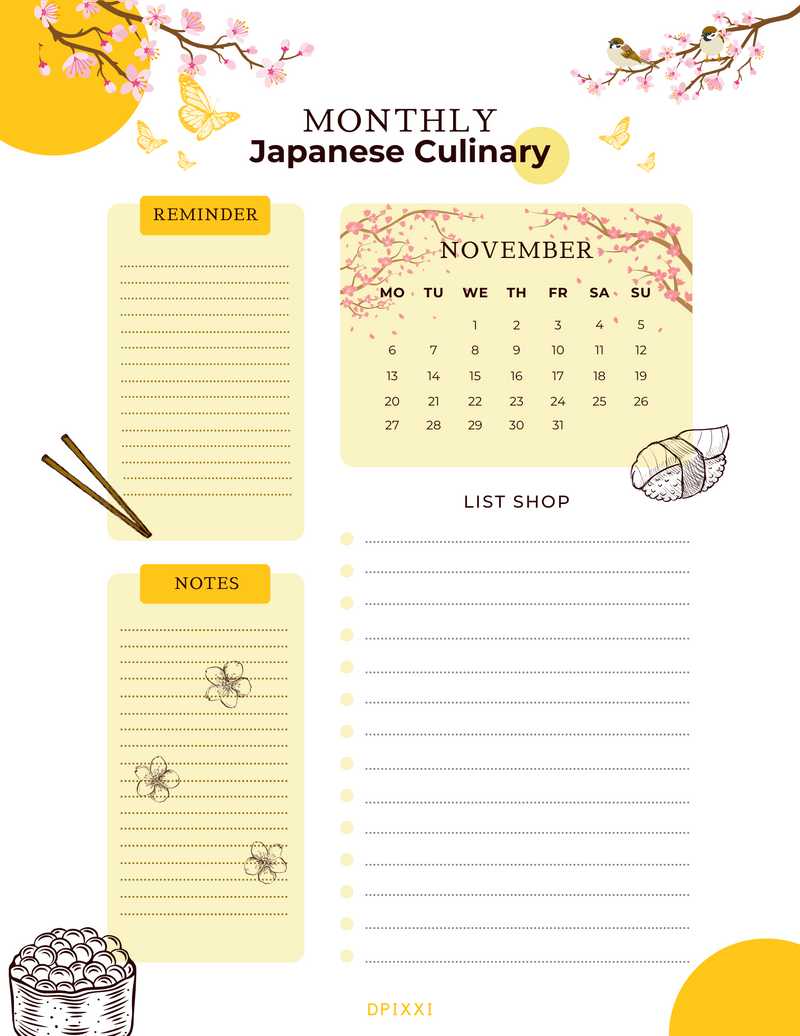 Abstract Feminine Japanese Culinary Monthly Planner | Reminder, Notes, Month, List Shop