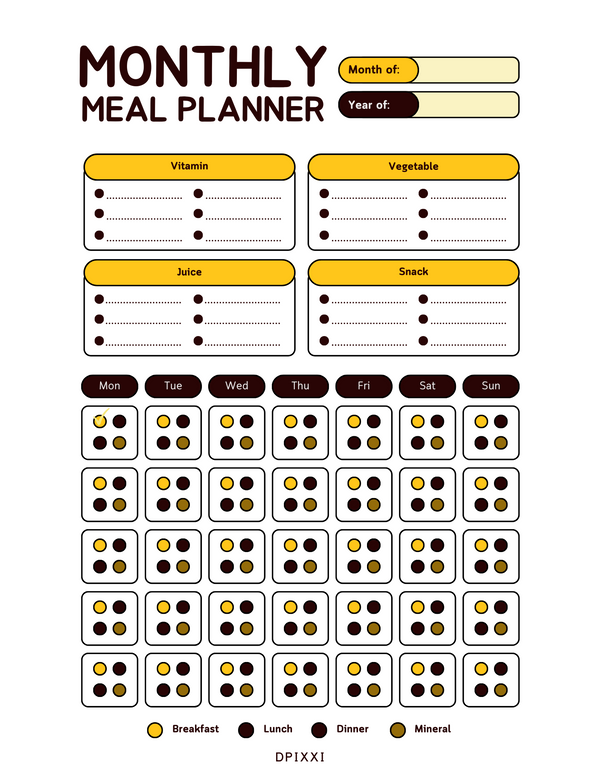 Modern Colorful Monthly Meal Planner | Month Of, Year Of, Vitamin, Vegetable, Juice, Snack, Monday To Sunday, Breakfast, Lunch, Dinner, Mineral