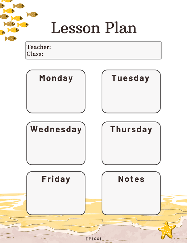 Beach Themed Lesson Plan Planning Sheet | Teacher, Class, Monday To Friday, Notes