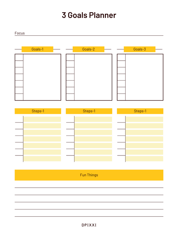 Elegant Goals Planner Sheet | Focus, Goal 1, Goal 2, Goal 3, Step 1, Step 2, Step 3, Fun Things