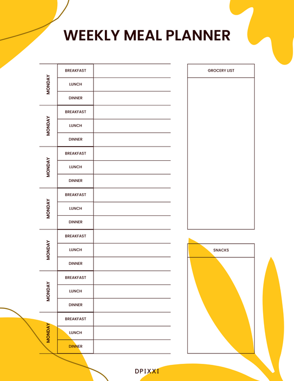 Cute Weekly Meal Planner A4 Paper | Monday To Sunday, Breakfast, Lunch, Dinner, Grocery List, Snacks