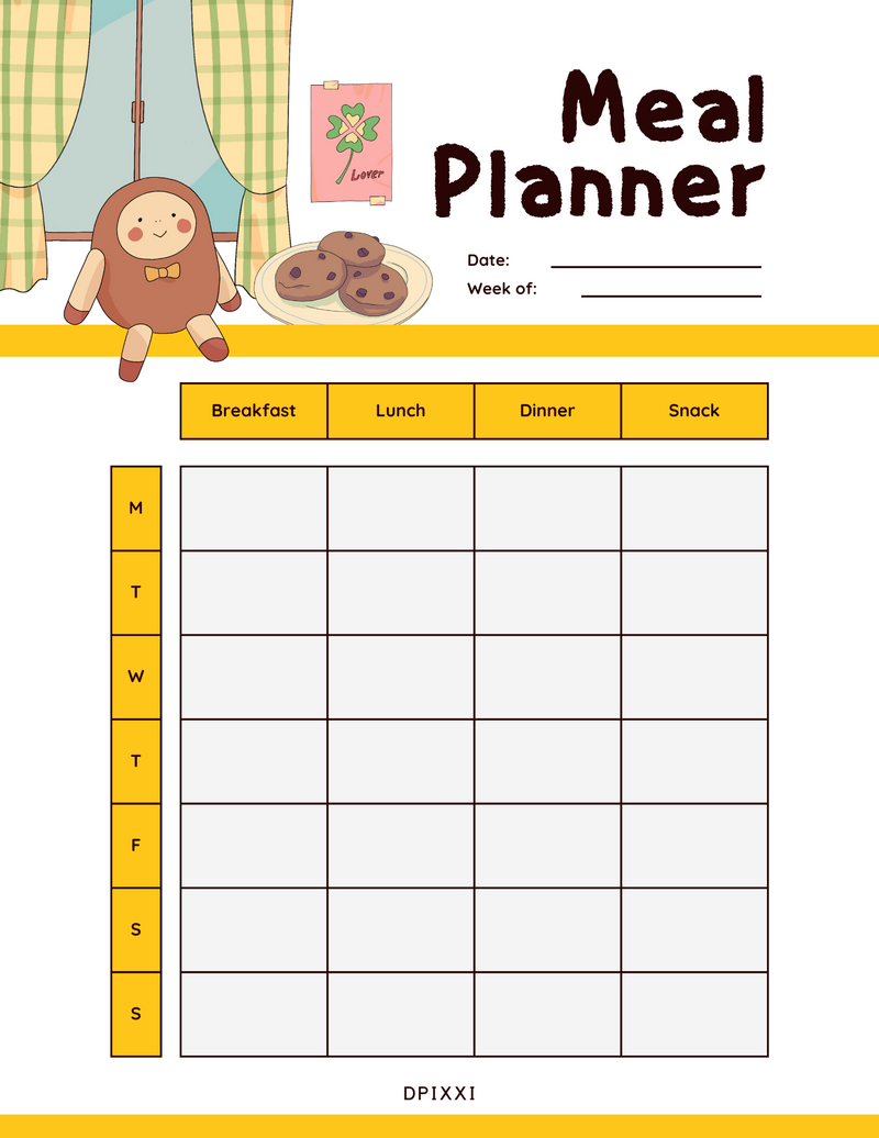 Organic Illustrative Meal Planner | Date, Week Of, Monday To Sunday, Breakfast, Lunch, Dinner, Snack