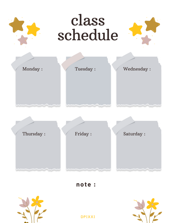 Colorful Modern Class Schedule Planner | Monday To Saturday, Note