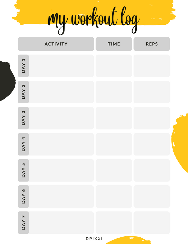 My Workout Log Planner Sheet | Activity, Time, Reps, Day 1 to Day 7